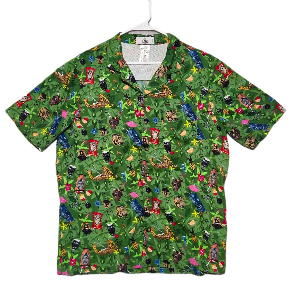 Disney Parks Tiki Room Camp Shirt Mens Large Green Tropical Button Down Lyocell